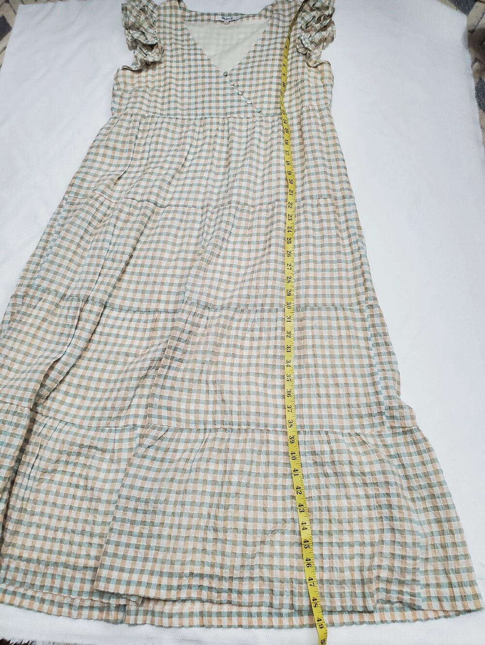 Madewell Gingham Seersucker Tiered Midi Dress Ruffle Sleeve Medium - Picture 15 of 15
